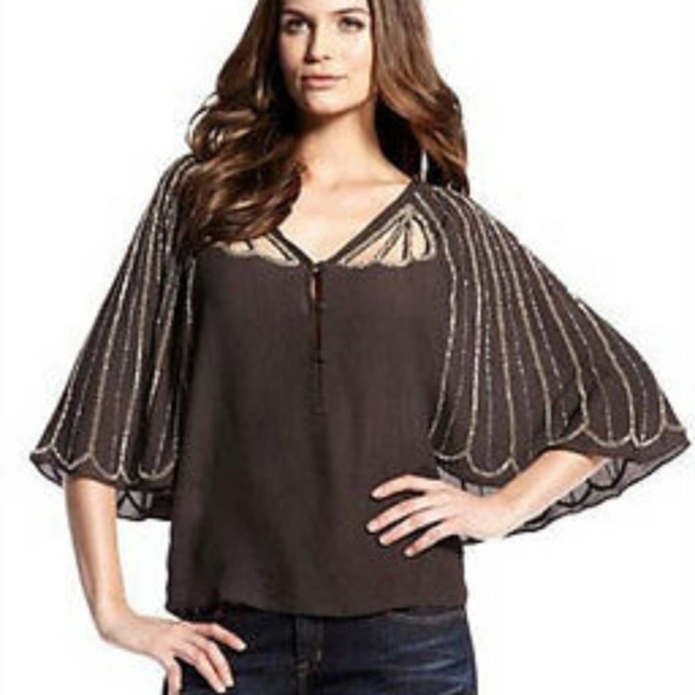 BOYOD Women's Gray/Silver Beaded Angel Wing Half Sleeve Nancy Blouse sz XS